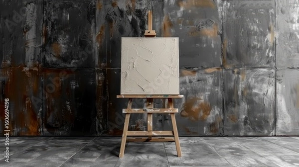 Fototapeta Easel holds blank, textured canvas against a grungy gray wall with brown accents