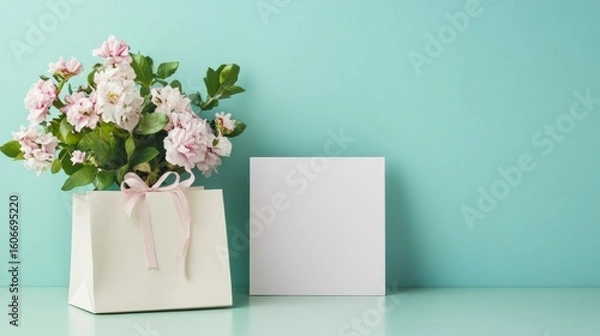 Obraz A farewell card signed by coworkers placed beside a farewell gift bag and flowers on a break room table solid pastel background celebration