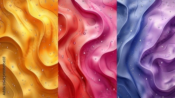 Fototapeta Three vertically adjacent wavy surfaces in golden, crimson, and violet hues with scattered water droplets