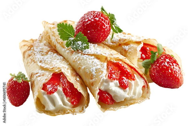 Fototapeta Rolled crepes filled with cream and strawberries, dusted with powdered sugar on transparent background