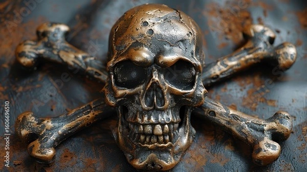 Fototapeta Skull and crossbones bronze sculpture, weathered, textured background