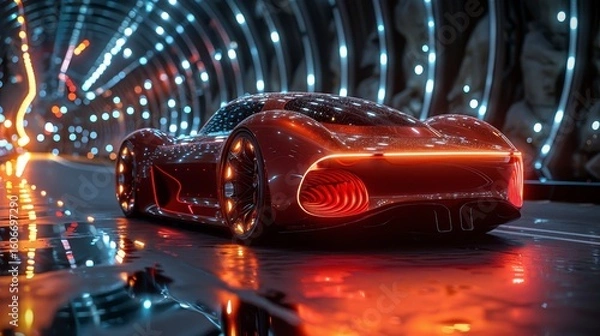 Fototapeta Sleek, red futuristic car with glowing taillights in a bright, illuminated tunnel