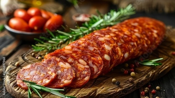 Fototapeta Sliced chorizo on wood board with rosemary, tomatoes, peppercorns, and blurred background