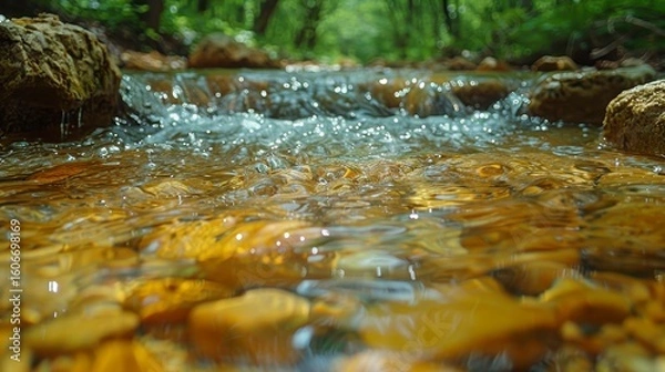 Fototapeta Clear, shallow stream flowing over golden rocks in lush green woods. Up-close, focus on water