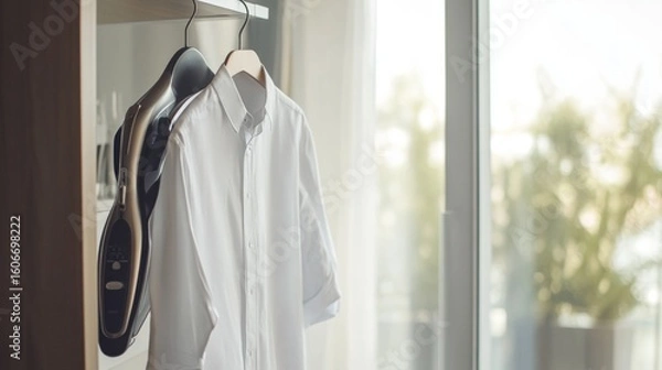 Obraz A freshly ironed white shirt hanging next to a warm iron on a sleek ironing station solid light background symbo