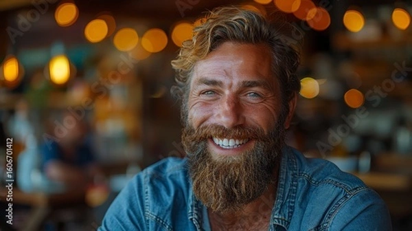 Fototapeta Smiling man with beard & blue shirt. Bokeh cafe lights backdrop. Happy expression, relaxed vibe