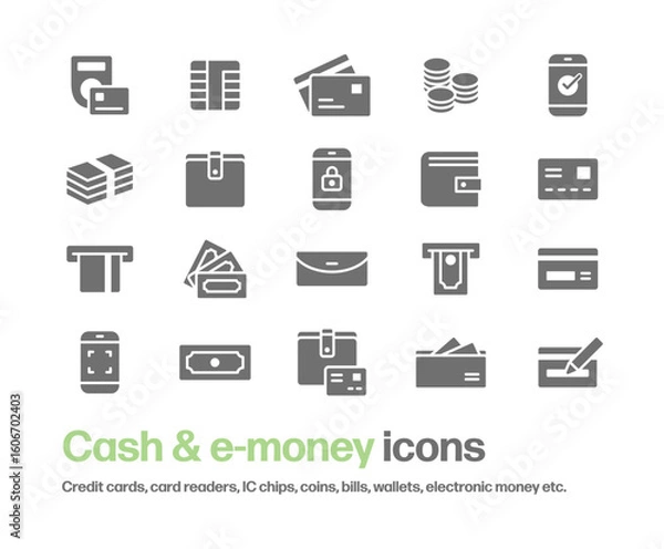 Obraz クレジットカード,財布,電子マネー等のアイコンセット。お金や支払いに関するシンプルなシルエットイラスト
