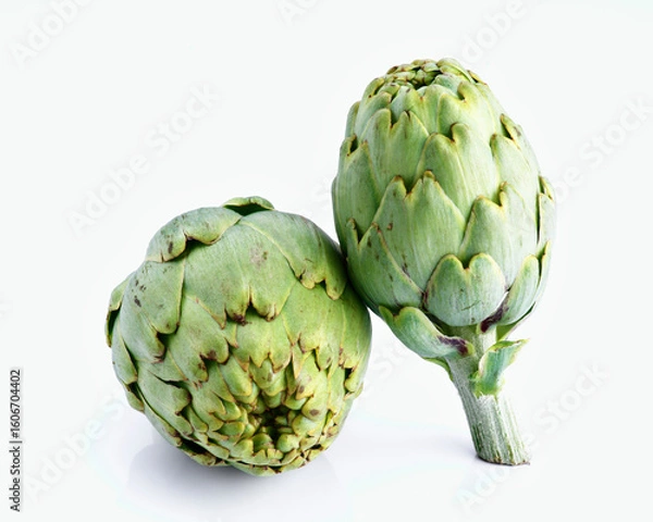 Fototapeta Two fresh artichokes resting on white reflective surface
