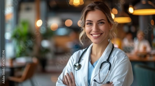 Fototapeta Smiling, confident doctor with a stethoscope in a bright, modern space