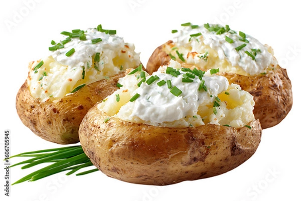 Fototapeta Three delicious baked potatoes topped with sour cream and chives isolated on white on transparent background