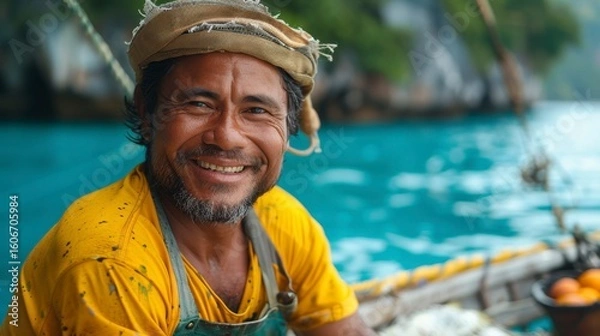 Fototapeta Smiling man in yellow shirt near the sea with hat and string near some rocks and basket
