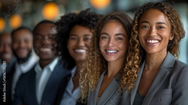 Fototapeta Diverse team smiles warmly, lined up in business attire, blurred background