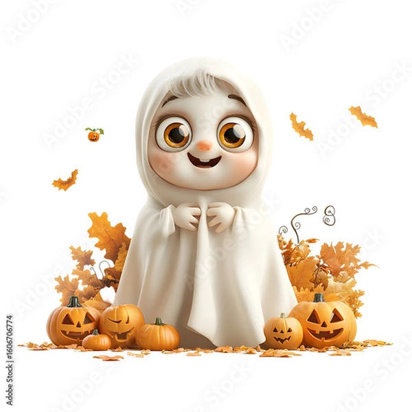 Fototapeta Whimsical 3D rendering of a friendly cartoon style ghost surrounded by autumn leaves and pumpkins on an isolated white background