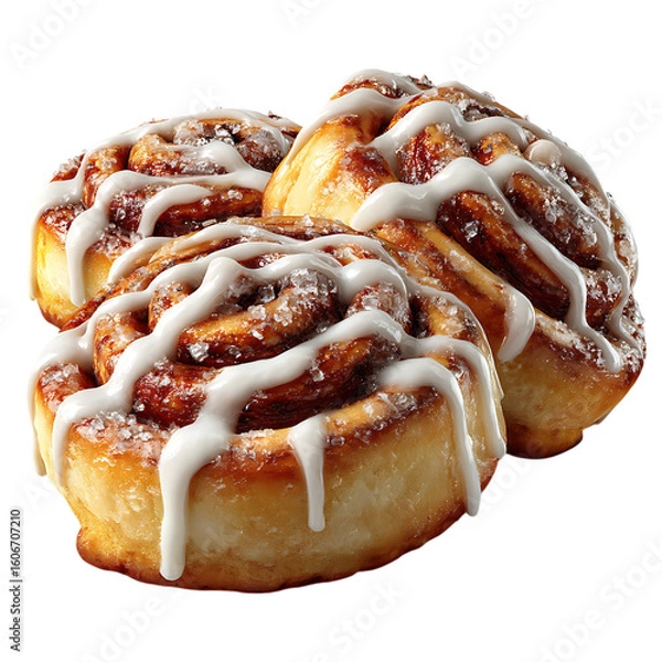 Fototapeta Two sweet cinnamon rolls with white icing and sugar crystals isolated on white on transparent background