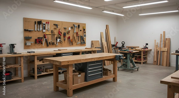 Fototapeta Well-equipped woodworking shop with various tools, lumber, and workbenches ready for crafting projects.