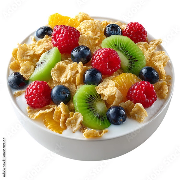 Fototapeta A vibrant bowl of cereal topped with fresh raspberries, blueberries, kiwi, and orange slices on transparent background
