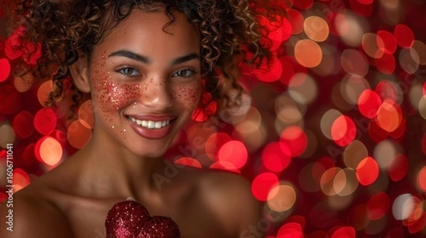 Fototapeta Smiling woman with sparkly face holds a heart against a bokeh-filled red background
