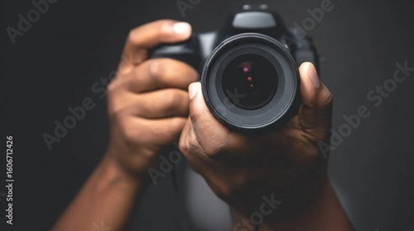 Obraz Close-Up of Hands Holding Camera with Professional Lens Focused