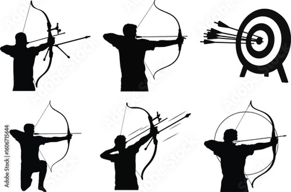 Fototapeta Archery silhouette vector set of archer with bow and arrow, target, shooting action, isolated on white background