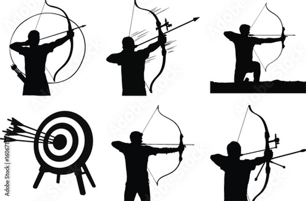 Fototapeta Archery silhouette vector collection of archer with bow and arrow, target, shooting action, isolated on white background