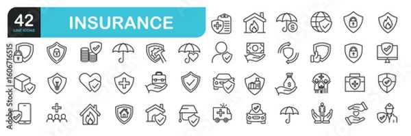 Fototapeta Set of line icons related to insurance, finance,  risk, healthcare. Outline icons collection. Editable stroke. Vector illustration