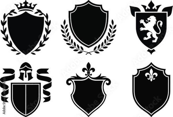 Fototapeta Heraldic shield silhouette vector collection with crown, laurel, lion, knight helmet, and fleur de lis, isolated on white background