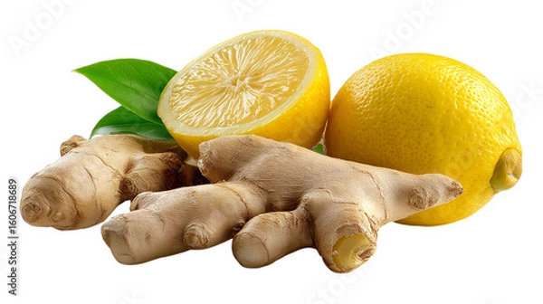 Fototapeta A lemon and a piece of ginger are on top of a white background