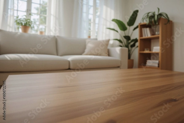 Obraz Modern Living Room with Wooden Coffee Table, Gray Sofa, and Natural Light Through Large Windows