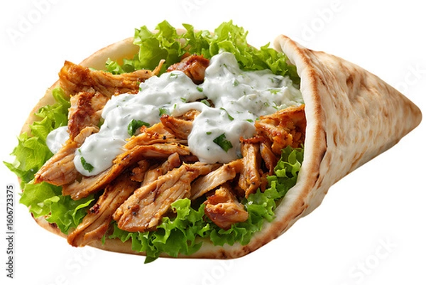 Fototapeta Delicious chicken shawarma wrap with fresh lettuce and creamy sauce on transparent background