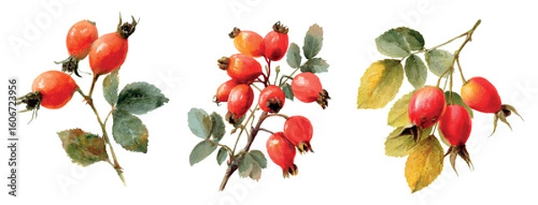 Fototapeta Watercolor set of rose hips branches. Autumn rose hips berries with yellowed leaves. concept of autumn natural elements. Forest autumn and park plants. Vector illustration.