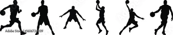 Fototapeta Silhouette vector illustration of five basketball players in various dynamic poses, suitable for sports, fitness, and activity designs.
