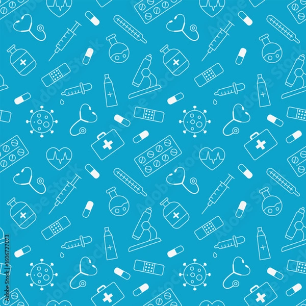 Fototapeta Seamless medical pattern with healthcare icons on blue background. Recolorable endless pattern with white line icons