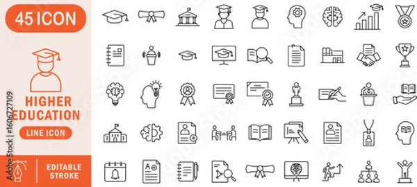 Fototapeta Higher Education Line Icon Set. Editable stroke icons for university, graduation, diploma, research, leadership, learning, online courses, and academic achievements. Ideal for web apps, e-learning pla