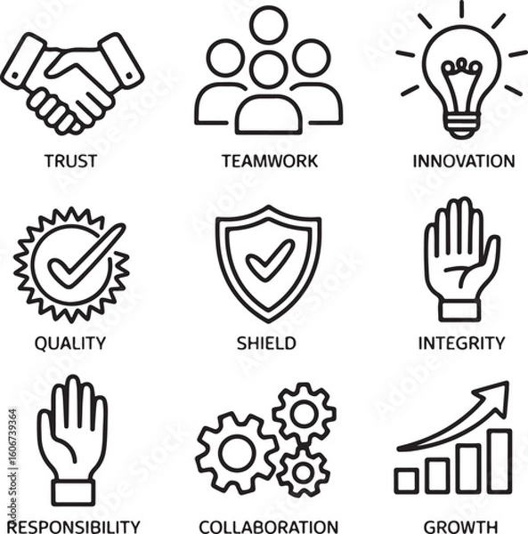 Fototapeta Core Values in Business Icons Teamwork, Trust, Integrity, Innovation, and Quality in Doodle Style