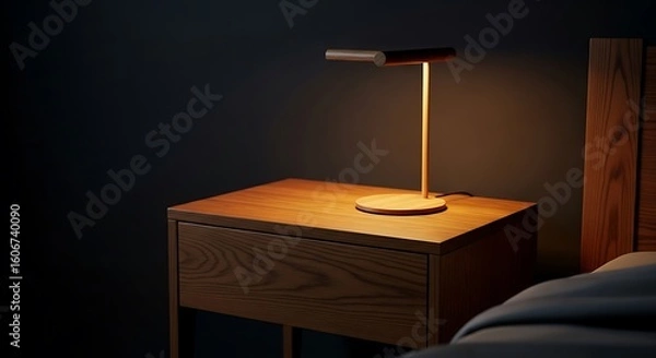 Fototapeta Wooden bedside table with a simple lamp.
