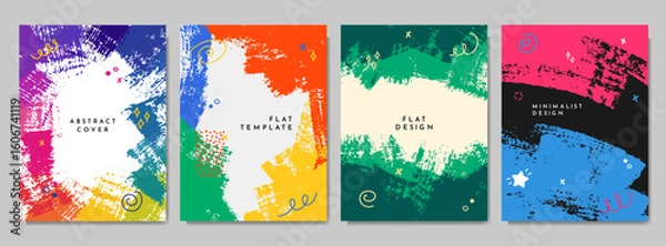 Fototapeta Vector illustration. Bright background. Paint brush strokes and hand drawn doodle elements. Trendy abstract color design for book cover, brochure, magazine, poster, flyer. Colorful childish style
