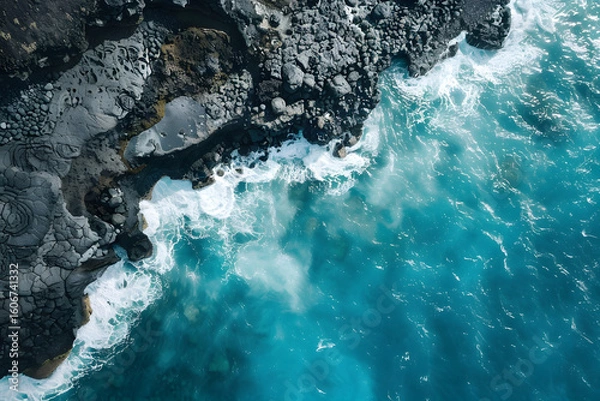 Fototapeta Birds eye view of sharp black volcanic rocks meet