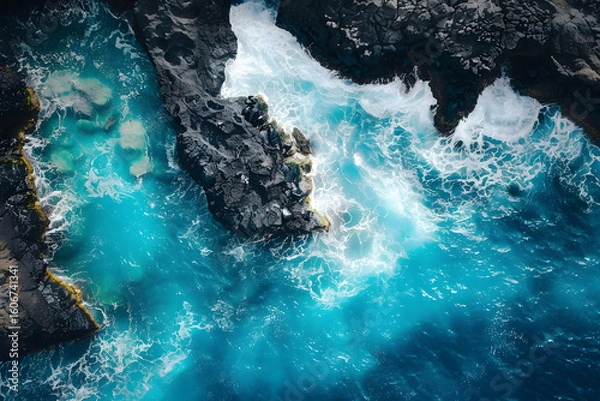 Fototapeta Birds eye view of sharp black volcanic rocks meet