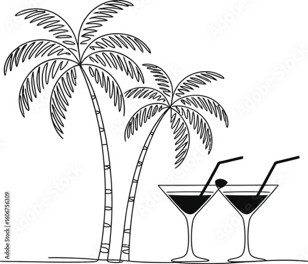 Fototapeta Two tropical cocktails and palm trees on a white background