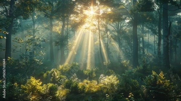 Fototapeta Sunbeams filter through a dense forest, highlighting greenery in a hazy, ethereal atmosphere