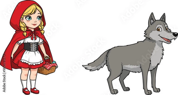 Fototapeta Cartoon of Little Red Riding Hood with smiling big bad wolf in forest scene for children’s book, storytelling, and education content