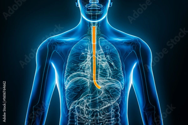 Fototapeta X-ray anterior or front view of the esophagus 3D rendering illustration with male body contours. Human anatomy, organ of the digestive system, medical, biology, science, healthcare concepts.