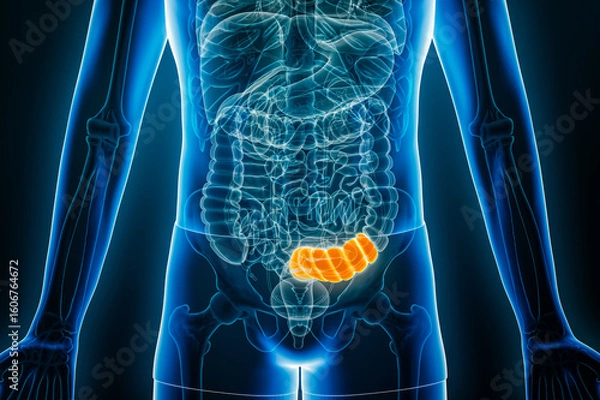 Fototapeta X-ray anterior or front view of human sigmoid colon 3D rendering illustration with male body contours. Anatomy, organ of digestive system, medical, biology, science, healthcare concepts.