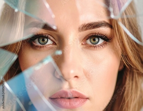 Fototapeta Close-up portrait of a face viewed through layers of broken safety glass, each pane tinted with soft color, expression neutral but eyes intense.