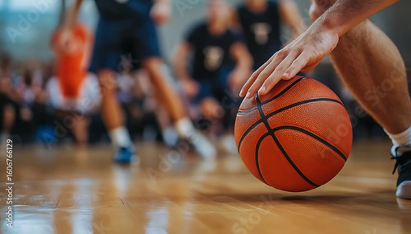 Fototapeta Close-up of a basketball being dribbled on a shiny wooden court during a game, with blurred players in the background.