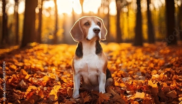 Fototapeta Beagle in Autumn Leaves