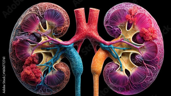 Fototapeta Colorful 3D Model of Human Kidneys with Detailed Vascular System