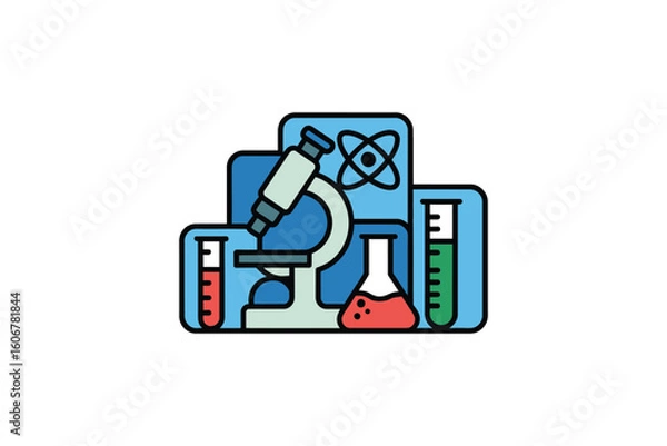 Fototapeta Illustration of science equipment including a microscope test tubes and an atom on blue backgrounds