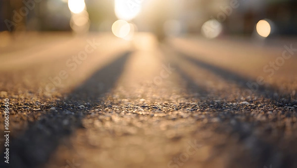 Fototapeta Warm sunlight casting long shadows across a textured road asphalt bokeh