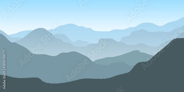 Fototapeta A minimalist vector illustration of layered mountains panoramic  in various blue tones, creating a calm and peaceful atmosphere